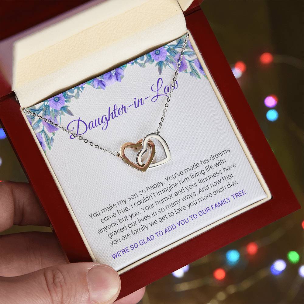 To My Daughter In Law | We're So Glad To Add You To Our Family Tree - Interlocking Hearts necklace